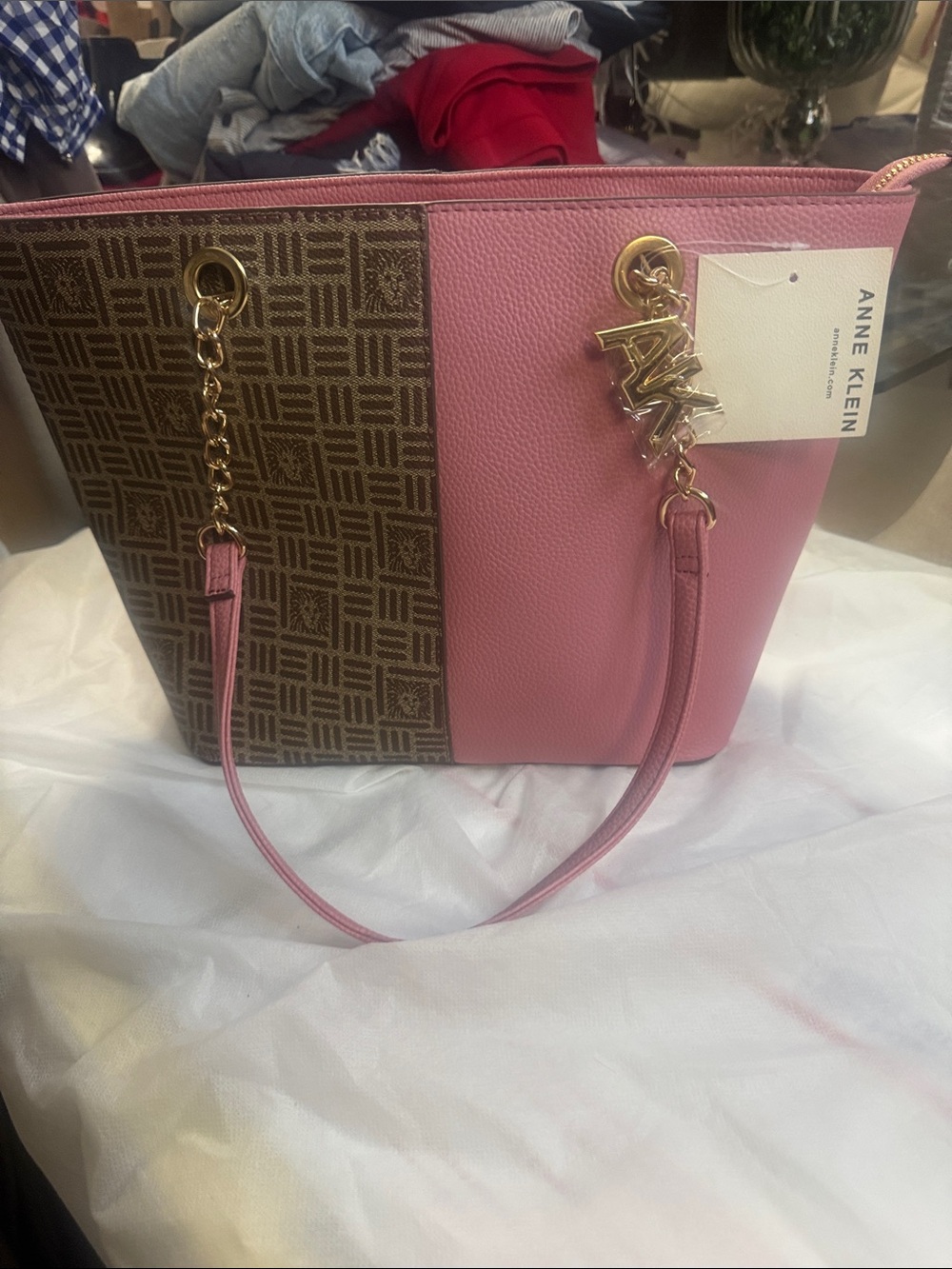 Anne Klein Pink and Brown Logo Panel Tote with Gold Accents